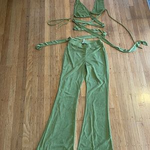 Green 2 piece boho festival set with wrap top and flare bottoms